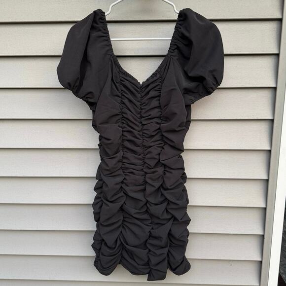 Lulus size M Confidence Is Key Black Ruched Bodycon Dress Puff Sleeves - Picture 7 of 10